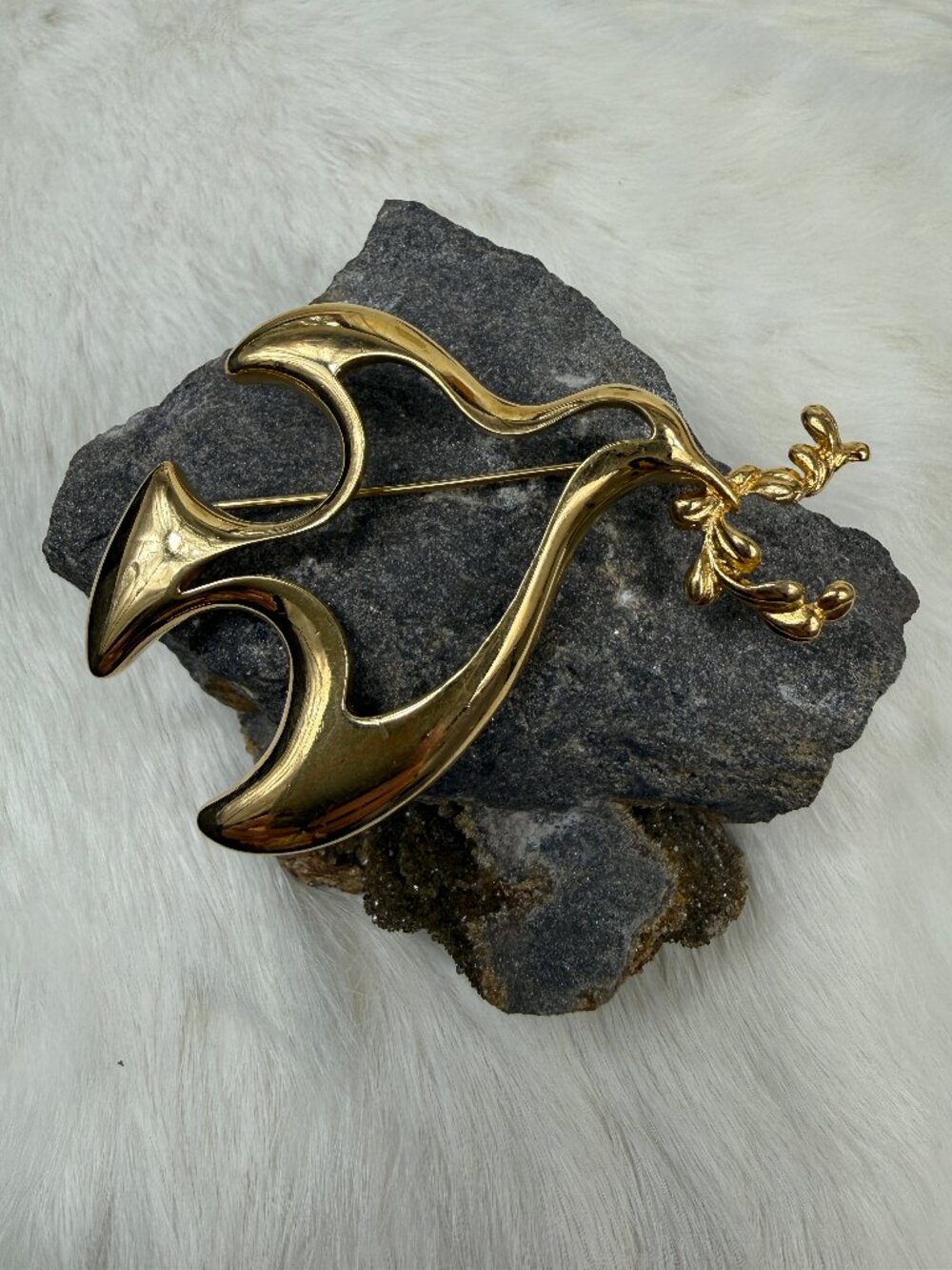 Vintage Givenchy Dove w/ Branch Brooch Gold Tone Peace 2.25" X 3" Signed